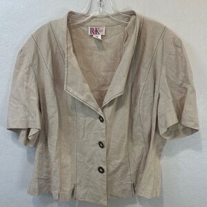 R&K Neutral short Sleeve Button Front top plus 20W linen blend collared ACADEMIA